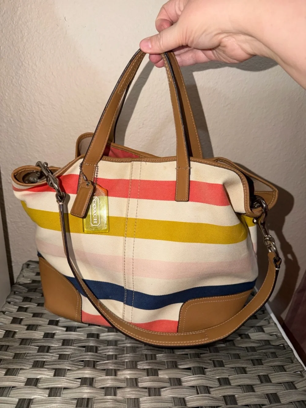 Coach Striped Canvas Tote in Coral, Mustard, Navy & Pink with Tan Leather F30041 - Picture 5 of 16